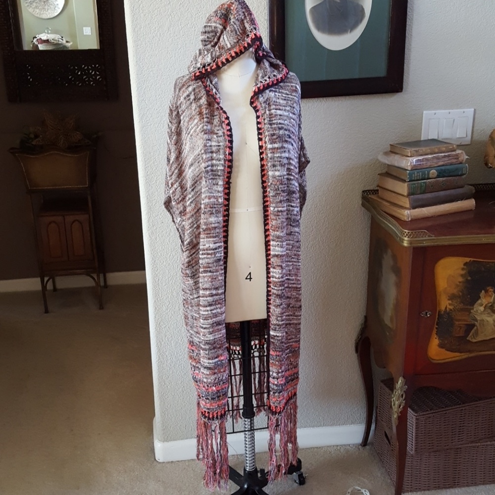 FP Hooded Fringed Knit Kimono/Poncho